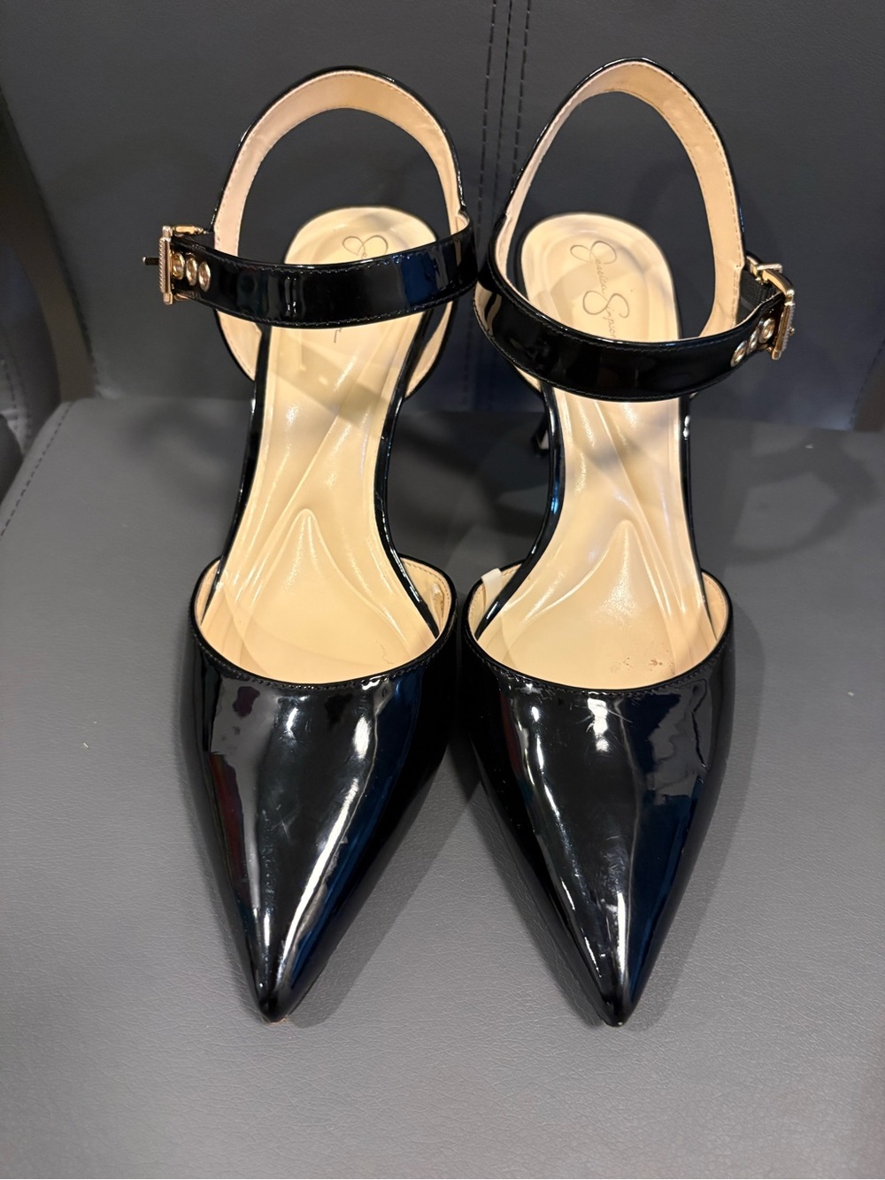 Jessica Simpson Black Patent Pointed-Toe Ankle-Strap Pumps